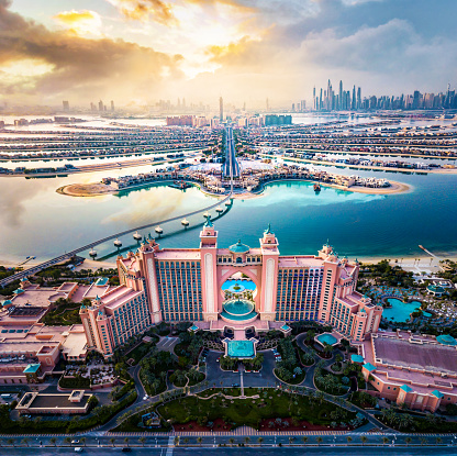 Dubai, United Arab Emirates - June 5, 2019: Atlantis hotel and the The Palm Jumeirah island in Dubai United Arab Emirates aerial view. Luxury travel and leisure destination in the UAE
