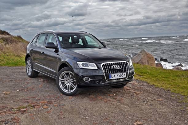 Audi Q5 on the coast Ronne, Denmark – October 25th, 2012: Luxury SUV Audi Q5 parked on the road near the sea. This SUV debuted in 2008 but the producer made facelifting of Q5 in 2012. The Audi was powered by petrol engines: 2.0 TFSI (180 HP or 225 HP), 3.0 TFSI/272 HP and diesel engines: 2.0 TSI (177 or 190 HP) and 3.0 TDI/245 HP. audi photos stock pictures, royalty-free photos & images