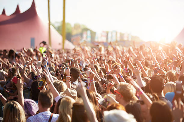 audience at outdoor music festival - festival stockfoto's en -beelden