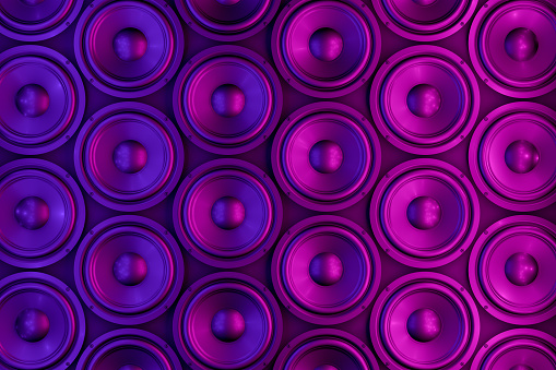 3d rendering of Loudspeakers with neon lights. Music party concept.