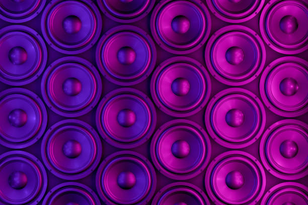 Audio Speaker Background with Neon Lights 3d rendering of Loudspeakers with neon lights. Music party concept. recording studio stock pictures, royalty-free photos & images