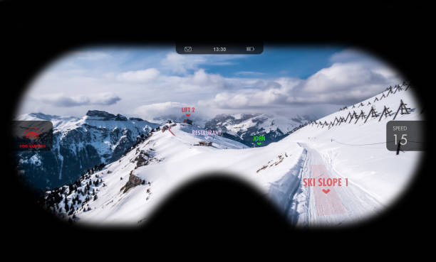 Augmented reality in ski goggles. Information about speed, places and slopes is displayed inside glasses. Concept of skiing in AR. Augmented reality in ski goggles. Information about speed, places and slopes is displayed inside glasses. Concept of skiing in AR. virtual reality point of view stock pictures, royalty-free photos & images