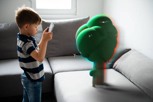 Augmented reality Little boy is using augmented reality app on digital tablet to project tree on the sofa. augmented reality stock pictures, royalty-free photos & images