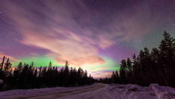 Aurora light in Murmansk, Northern Russia Mar 2018. stock photo