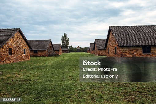 istock Auschwitz Birkenau Concentration Camp, Prisoner brick house field jail 1366738145