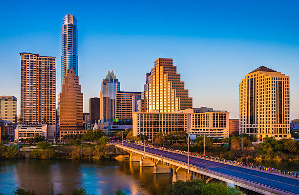 Austin Texas cityscape skyline panorama, Congress Avenue Bridge, late afternoon stock photo