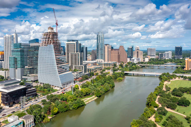 Austin, Texas Downtown Aerial Drone angle view of Austin, Texas on a sunny day. austin texas stock pictures, royalty-free photos & images