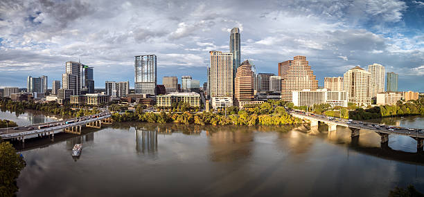 Austin Texas Downtown Skyscrapers Skyline Panorama Cityscape at Sunset stock photo