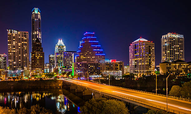 Austin Texas evening excitement cityscape, skyline, skyscrapers, Congress Avenue Bridge stock photo