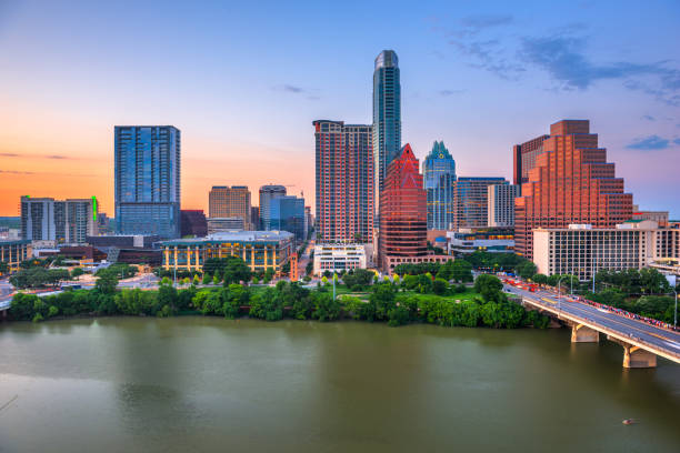 Austin, Texas, USA downtown city skyline on the Colorado River stock photo