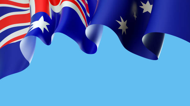 Australia waving flag on blue sky for banner design. Australia national waving flag isolated on blue background. Festive patriotic design pattern, template. Background for australian holidays. 3d illustration stock photo