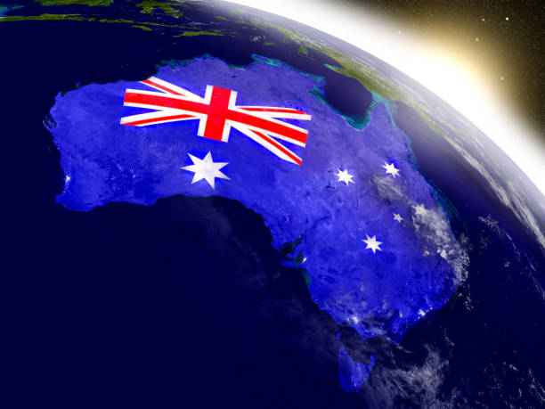 Australia with flag in rising sun stock photo