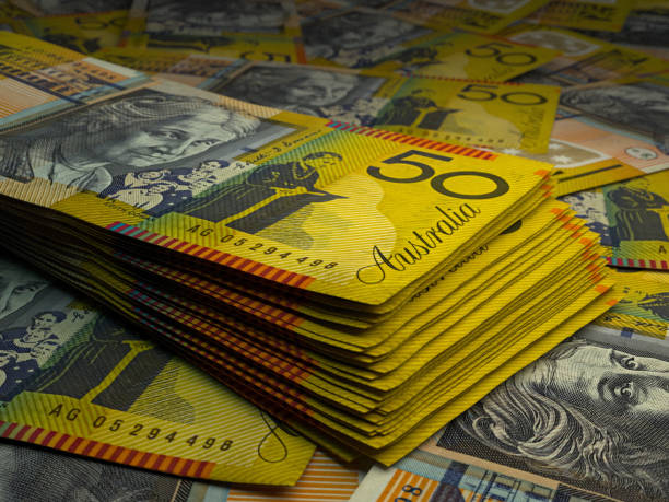 Australian banknotes. Australiandollar bills. 50 AUD dollars. Business, finance background. stock photo