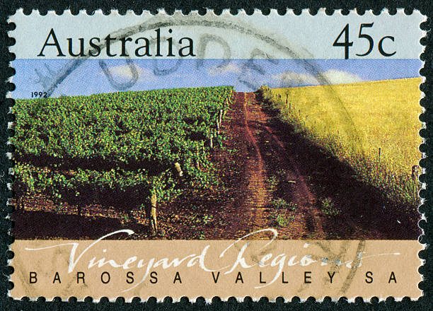 Australian Vineyard Stamp Cancelled Stamp From Australia Commemorating The Barossa Valley Wine Region In South Australia. barossa valley australia stock pictures, royalty-free photos & images