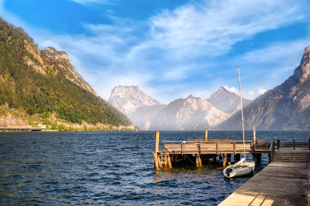Austrian Alps-view of the lake Traunsee from town Ebensee Austrian Alps-view of the lake Traunsee from town Ebensee fuschl lake stock pictures, royalty-free photos & images