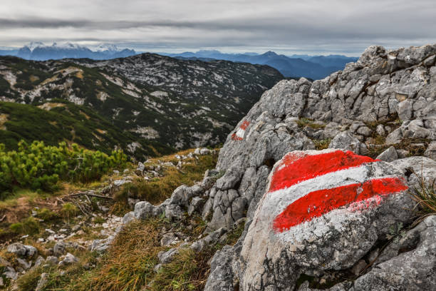 알프스에서 등반 표지판으로 오스트리아 국기 - 오스트리아 뉴스 사진 이미지
