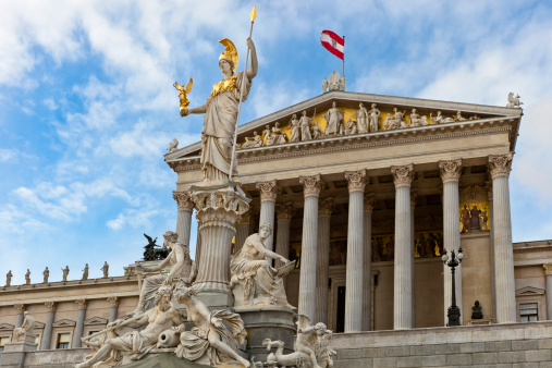 The Austrian Parliament building is a Greek revival style building, constructed from 1874 to 1883. This palace has not only a political importance (here the Parliament of Austria conducts the sittings), but it has also a high tourist relevance, thanks to the Pallas-Athene Fountain (Pallas-Athene-Brunnen) which stands in front of it. This wonderful example of artwork was created between 1893 and 1902 to give an allegorical representation of the four most important rivers of the Austro-Hungarian Empire. This impressive architectural complex is one of the most famous landmark of Vienna. Vienna, Austria. Canon EOS 5D Mark II