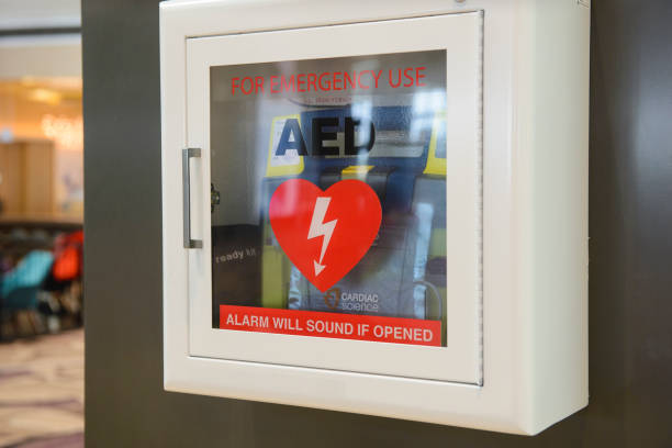Automated External Defibrillator(AED) on the wall stock photo
