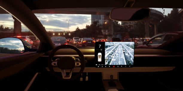 automatische auto bekommen fang im verkehr stau - autonome technologie stock-fotos und bilder