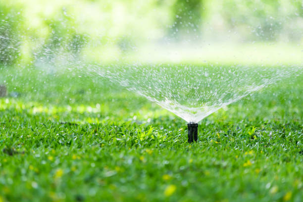 automatische tuin gazon sprinkler - irrigatiesysteem stockfoto's en -beelden