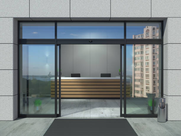 Automatic sliding open doors office 3D illustration. The facade of a modern shopping center or station, an airport with automatic sliding doors. building entrance stock pictures, royalty-free photos & images