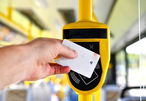 Automatic validator for reading and scanning ticket, cards and bank cards in public transport to pay for riding. stock photo