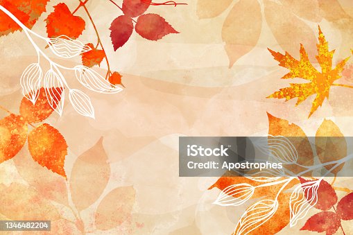 istock Autumn background watercolor painting, maple leaves in red and yellow, painted fall leaves and floral botanical design elements on border texture. Wedding invites or website header abstract art 1346482204