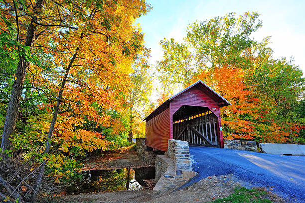 Autumn colors frame a covered bridge in Maryland Loys Station Covered Bridge in Maryland during Autumn covered bridge stock pictures, royalty-free photos & images