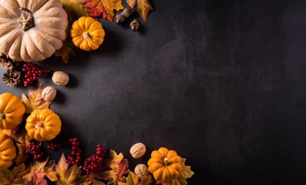 Autumn composition. Pumpkin, cotton flowers and autumn leaves on dark stone background. Flat lay, top view with copy space stock photo