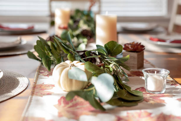Autumn holiday table decorations Autumn holiday table decorations at home with space for copy centerpiece stock pictures, royalty-free photos & images