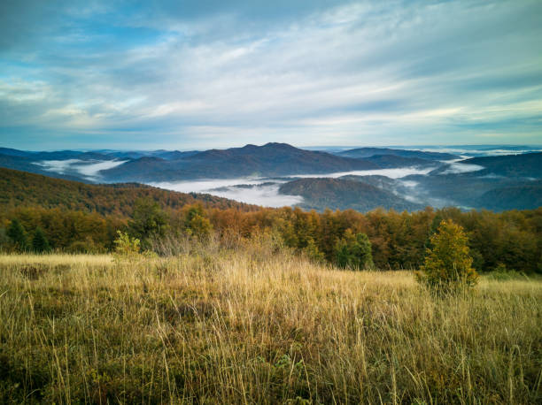 Autumn in the mountains Misty autumn morning in the mountains. Fogs rise above the ground beneath the hilltops. The mountains have fall colors. Tree leaves change colors. Bieszczady, Poland. bieszczady mountains stock pictures, royalty-free photos & images