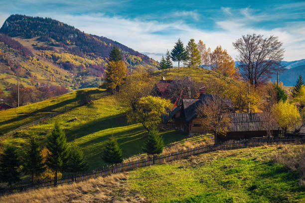 Autumn rural landscape and ranch on the hill, Magura, Romania stock photo