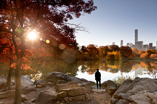 Person standing at Hernshead rock during sunrise in Central Park.
