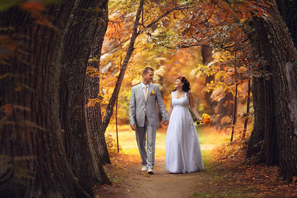 Autumn wedding bride and groom stock photo