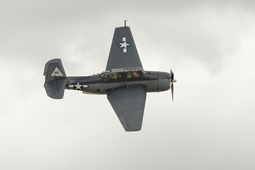 Chino, California, USA: image of TBM-3 Avenger with registration N7835C shown in flight against an overcast sky.