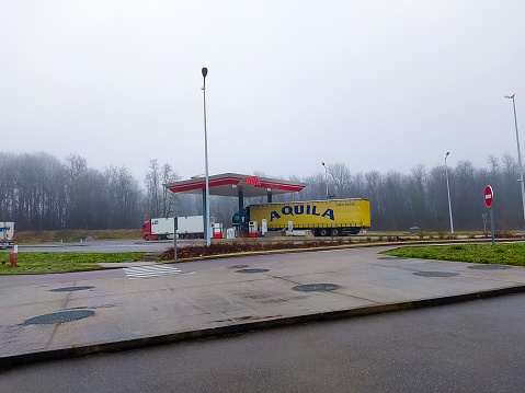 Dortmund, Germany - December 28, 2021: Avia sign at gas station at Dortmund, Germany on December 28, 2021 . Avia is the most widely used group-independent mineral oil brand in Europe.