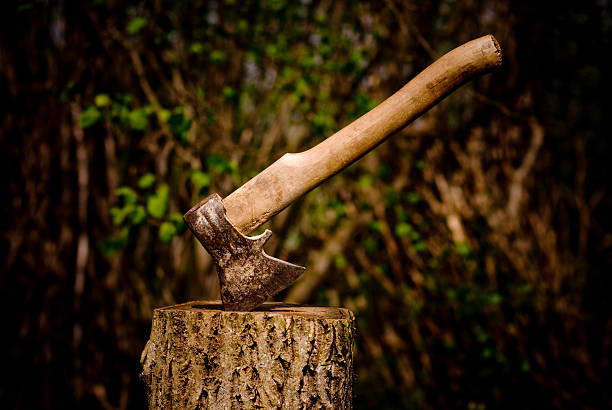 Photo of A axe stuck in a piece of wood