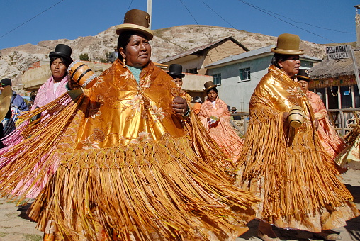 Aymara Women Dance Traditional Dance At Festival Morenada Isla Del Sol ...