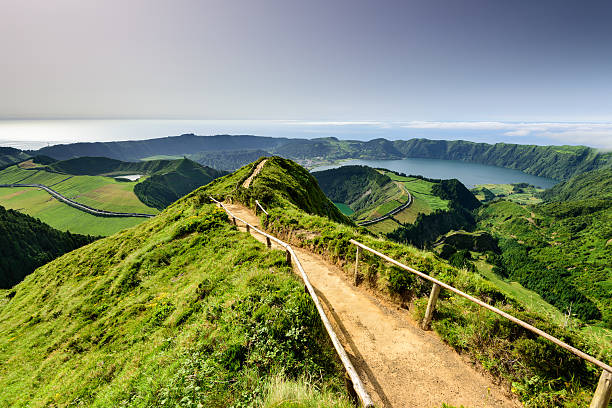 Azores magic lagoon landscape Panoramic landscape overlooking three amazing ponds, Lagoa de Santiago, Rasa and lagoa Azul, Lagoa Seven Cities.The Azores are one of the main tourist destinations in Portugal acores stock pictures, royalty-free photos & images