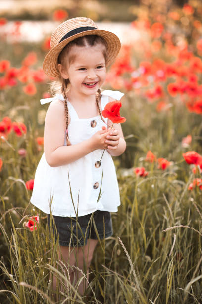 Baby girl in poppy field outdoors stock photo