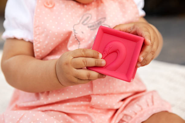 Baby girl sitiing and holding pink rubber block in the backyard at natural light stock photo