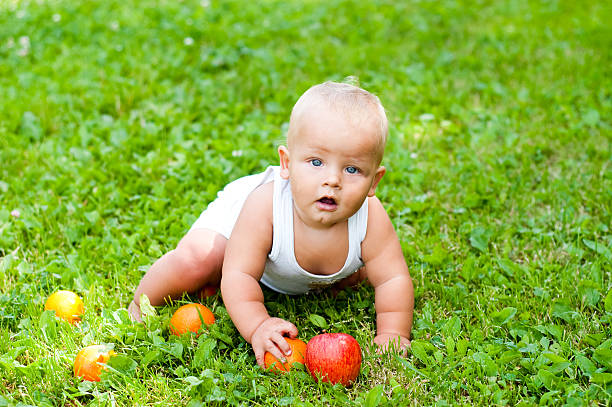 baby in  grass with oranges stock photo