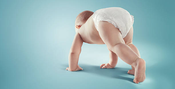 Baby. Newborn in the diaper. Isolated Cute baby buttock with diaper crawling stock pictures, royalty-free photos & images