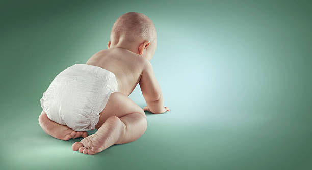 Baby. Newborn in the diapers. Isolated. Back view stock photo
