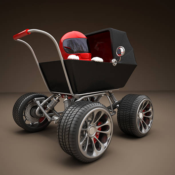 Baby super Carriage with big car wheel stock photo