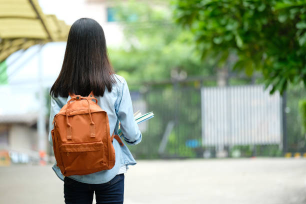 Back of student girl holding books and carry school bag while walking in school campus background, education, back to school concept stock photo