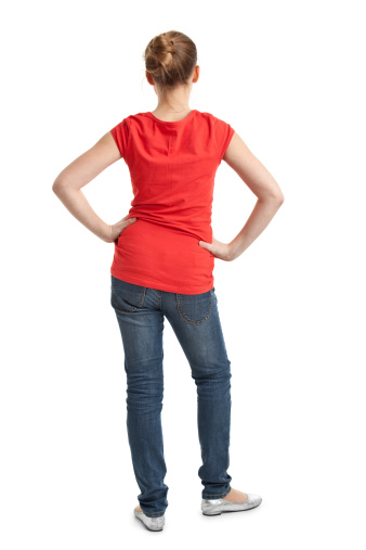 back of teenager girl in red tshirt isolated on white