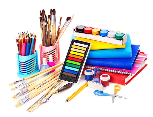 back to school painting supplies - kunstnijverheid stockfoto's en -beelden