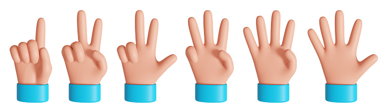 Back view cartoon hand showing fingers from one to five. Rating or countdown design elements. 3D rendered image