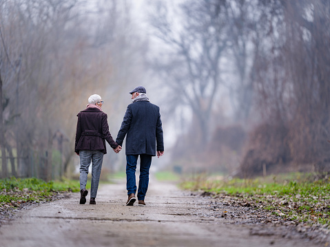 Rear view of happy senior couple talking while holding hands during their winter walk in the park. Copy space.